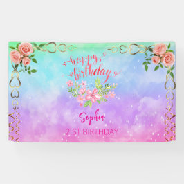 Roze Meisje Welkom Bloemen waterverf Verjaardagsfe Spandoek