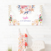 Roze Meisje Welkom Bloemen waterverf Verjaardagsfe Spandoek (Insitu)