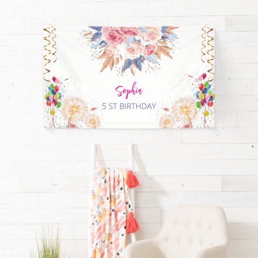 Roze Meisje Welkom Bloemen waterverf Verjaardagsfe Spandoek (Insitu)
