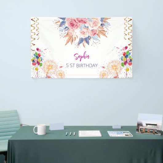 Roze Meisje Welkom Bloemen waterverf Verjaardagsfe Spandoek (Beurs)