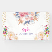 Roze Meisje Welkom Bloemen waterverf Verjaardagsfe Spandoek (Horizontaal)