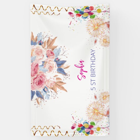 Roze Meisje Welkom Bloemen waterverf Verjaardagsfe Spandoek (Verticaal)