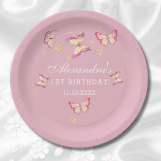 Roze Meisje Whimsical Butterfly 1e Verjaardagsfees Papieren Bordje