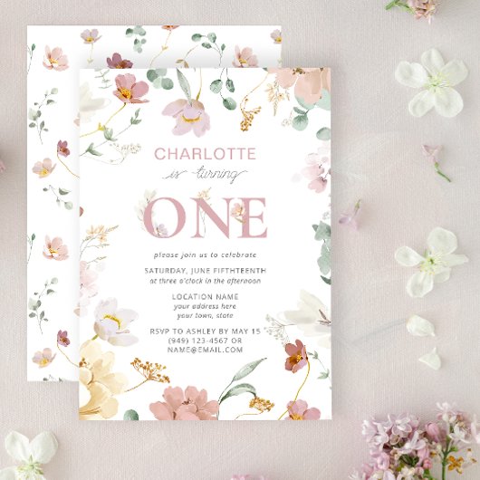 Roze Meisje Wildflower Draaien Een 1e Verjaardag Kaart