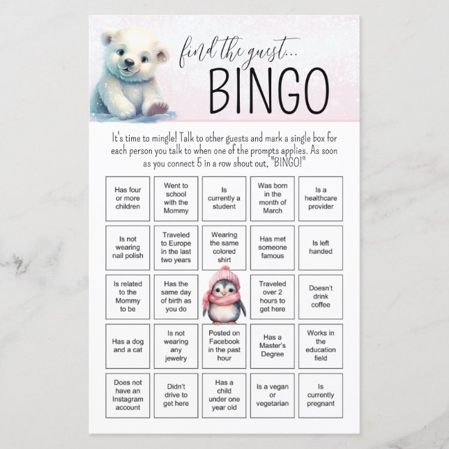 Roze Meisje Winter Baby Bingo Baby shower Spel (Voorkant)