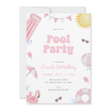 Roze Meisje Zomer Zwembad Party Verjaardag Uitnodi