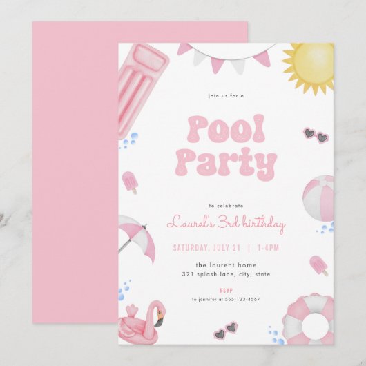 Roze Meisje Zomer Zwembad Party Verjaardag Uitnodi Kaart (Voorkant / Achterkant)