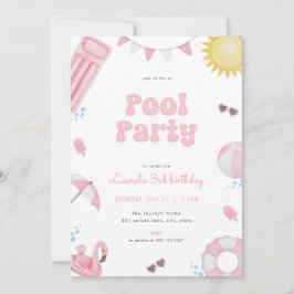 Roze Meisje Zomer Zwembad Party Verjaardag Uitnodi Kaart