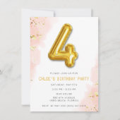 Roze Meisjes 4e Verjaardag Balloon Party Kaart (Voorkant)