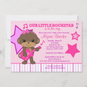Roze meisjes aap Rockstar Baby Shower-uitnodiginge Kaart (Voorkant)