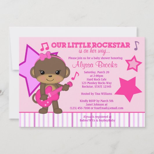 Roze meisjes aap Rockstar Baby Shower-uitnodiginge Kaart (Voorkant)