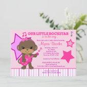 Roze meisjes aap Rockstar Baby Shower-uitnodiginge Kaart (Staand voorkant)