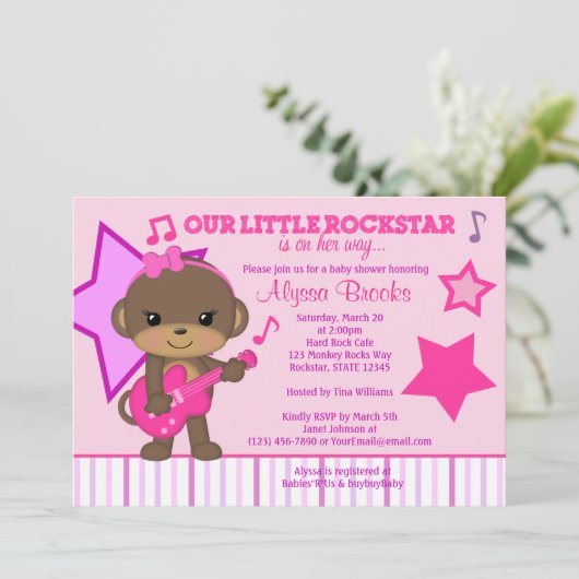 Roze meisjes aap Rockstar Baby Shower-uitnodiginge Kaart (Staand voorkant)