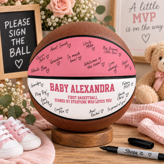 Roze Meisjes Baby Shower Handtekeningen Eerst Basketbal