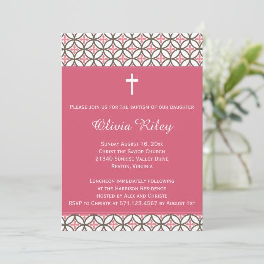 Roze meisjes Baptism Christening Uitnodiging (Staand voorkant)