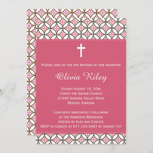Roze meisjes Baptism Christening Uitnodiging (Voorkant / Achterkant)