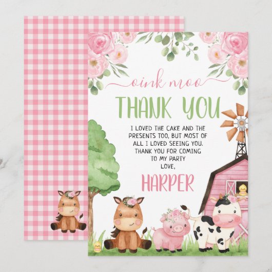 Roze Meisjes Bloemen Boerderij Verjaardag Dank u k Kaart (Voorkant / Achterkant)