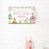 Roze Meisjes Bloemenschuur Boerderij Dieren Gelukk Spandoek (Insitu)