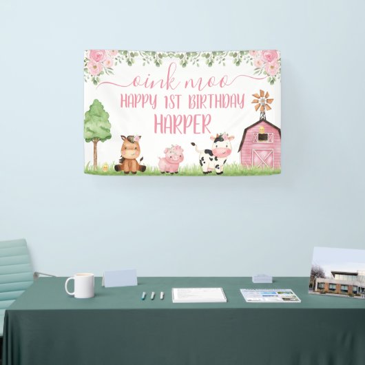 Roze Meisjes Bloemenschuur Boerderij Dieren Gelukk Spandoek (Beurs)