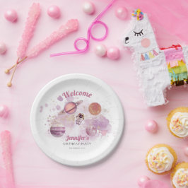 Roze meisjes Buitenspatie raketten Melkweg Papieren Bordje