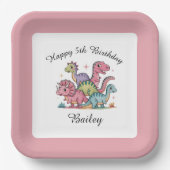 Roze meisjes dinosaurus verjaardag papieren bordje (Voorkant)