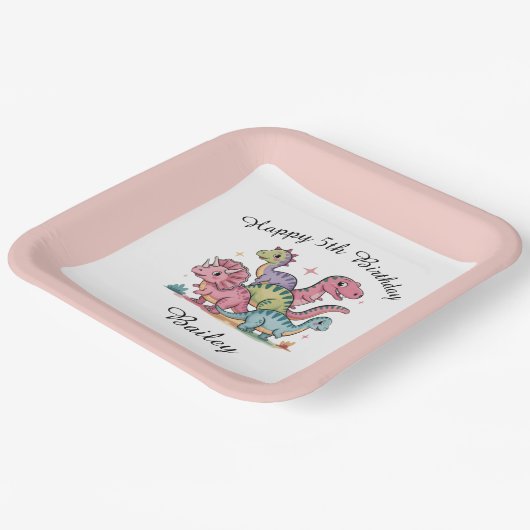 Roze meisjes dinosaurus verjaardag papieren bordje (Gebogen)