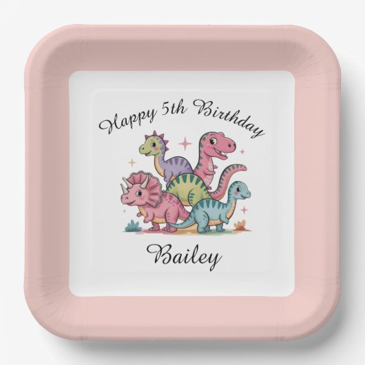 Roze meisjes dinosaurus verjaardag papieren bordje (Voorkant)