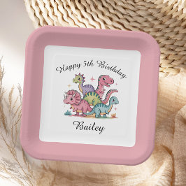 Roze meisjes dinosaurus verjaardag papieren bordje