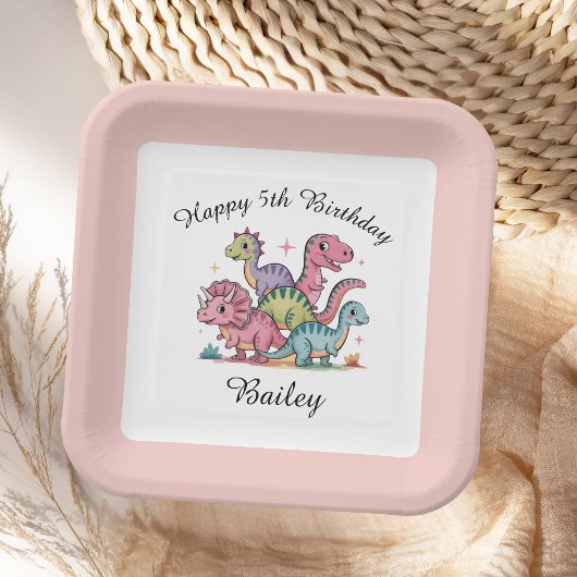 Roze meisjes dinosaurus verjaardag papieren bordje