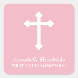 Roze Meisjes Doop/Communie Favor Vierkante Sticker