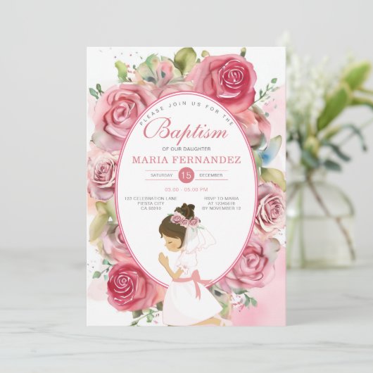 Roze meisjes doop uitnodiging (Staand voorkant)