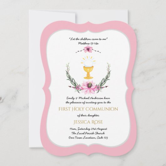 Roze Meisjes Eerste Heilige Communie Uitnodigingen (Voorkant)