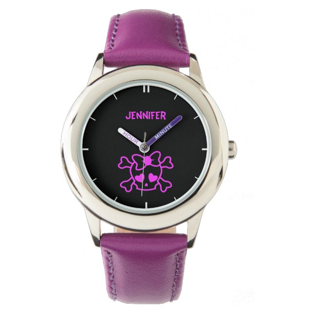 Roze meisjes emo schedel met boegnaam meisje horloge (Voorkant)