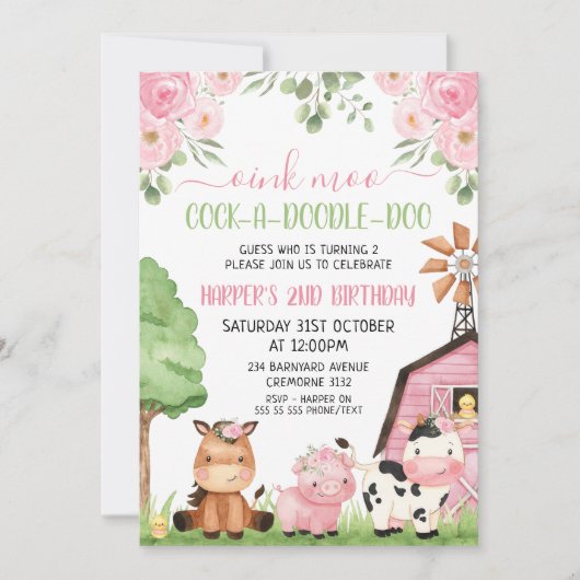 Roze meisjes Floral Barn Farm Animals Kaart (Voorkant)