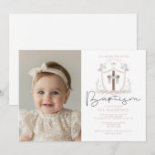 Roze meisjes foto eerste doop uitnodiging (Voorkant / Achterkant)