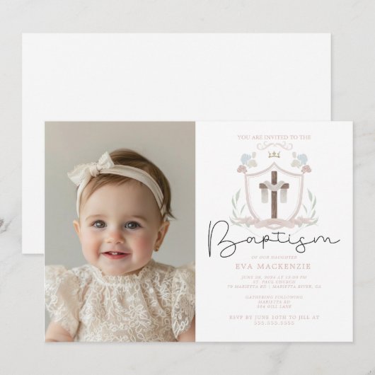 Roze meisjes foto eerste doop uitnodiging (Voorkant / Achterkant)