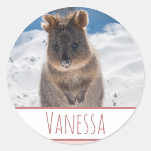 Roze Meisjes Gepersonaliseerde Quokka Beach Sticke Ronde Sticker