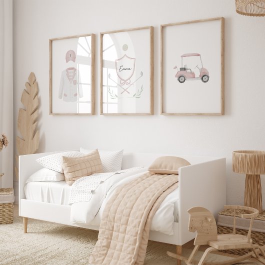 Roze meisjes golf aangepaste naam set van 3 poster