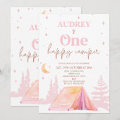 Roze Meisjes Happy Camper 1st Verjaardag Kaart (Voorkant / Achterkant)