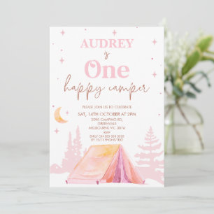 Roze Meisjes Happy Camper 1st Verjaardag Kaart