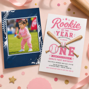 Roze Meisjes Honkbal Eerste Verjaardagsfeestje Kaart