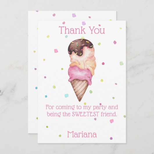 Roze Meisjes Ijs Verjaardagsfeestje Bedankt Kaart (Voorkant / Achterkant)