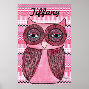 Roze meisjes Kamer Chevron Stripes Owl Art Poster