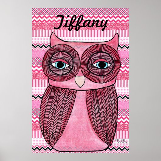 Roze meisjes Kamer Chevron Stripes Owl Art Poster (Voorkant)