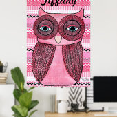 Roze meisjes Kamer Chevron Stripes Owl Art Poster (Thuiskantoor)