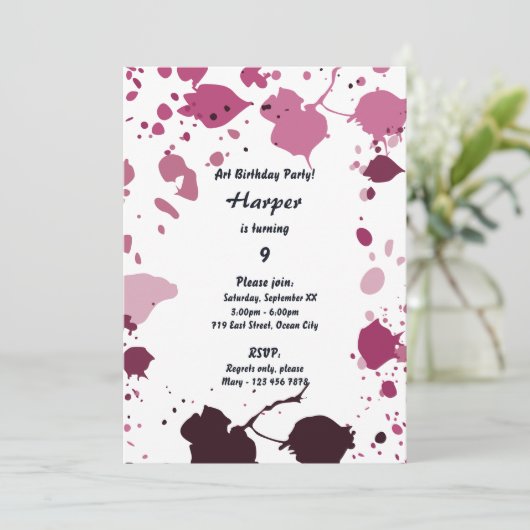 Roze meisjes kunst thema 9e verjaardagsfeest uitno kaart (Staand voorkant)