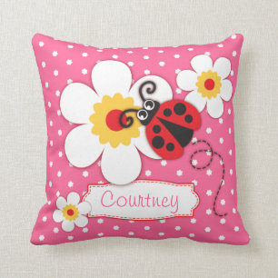 Roze meisjes ladybug name flower polka stip kussen
