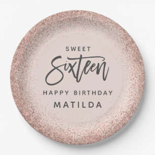 Roze meisjes moderne glitter 16e verjaardag papieren bordje