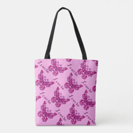 Roze meisjes naam Vlinder patroon gepersonaliseerd Tote Bag