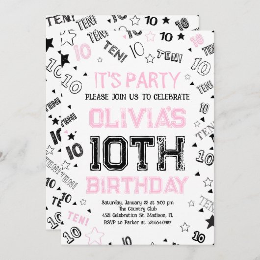 Roze Meisjes Nummer Tien Verjaardagsfeestje Kaart (Voorkant / Achterkant)
